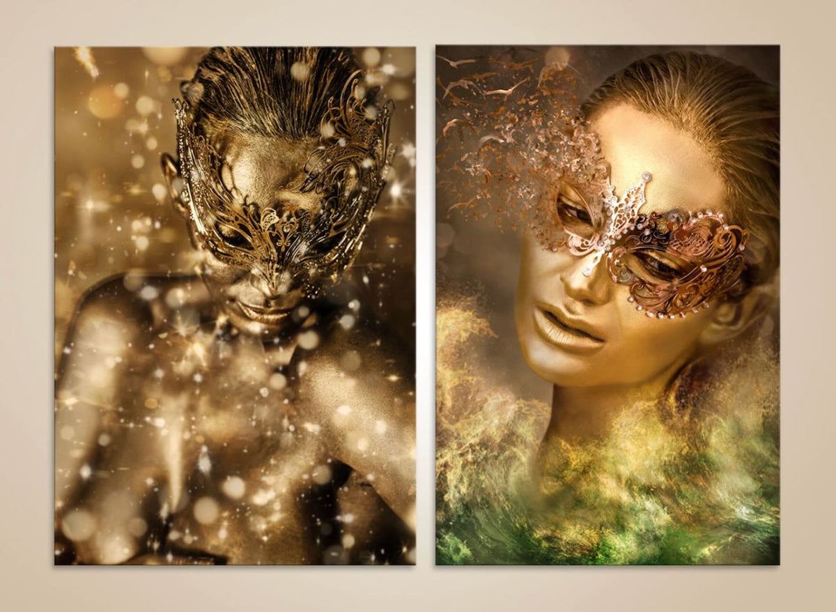 Golden Venetian mask diptych wall art with luxury carnival Venice fine art photography in gold and surreal masquerade style
