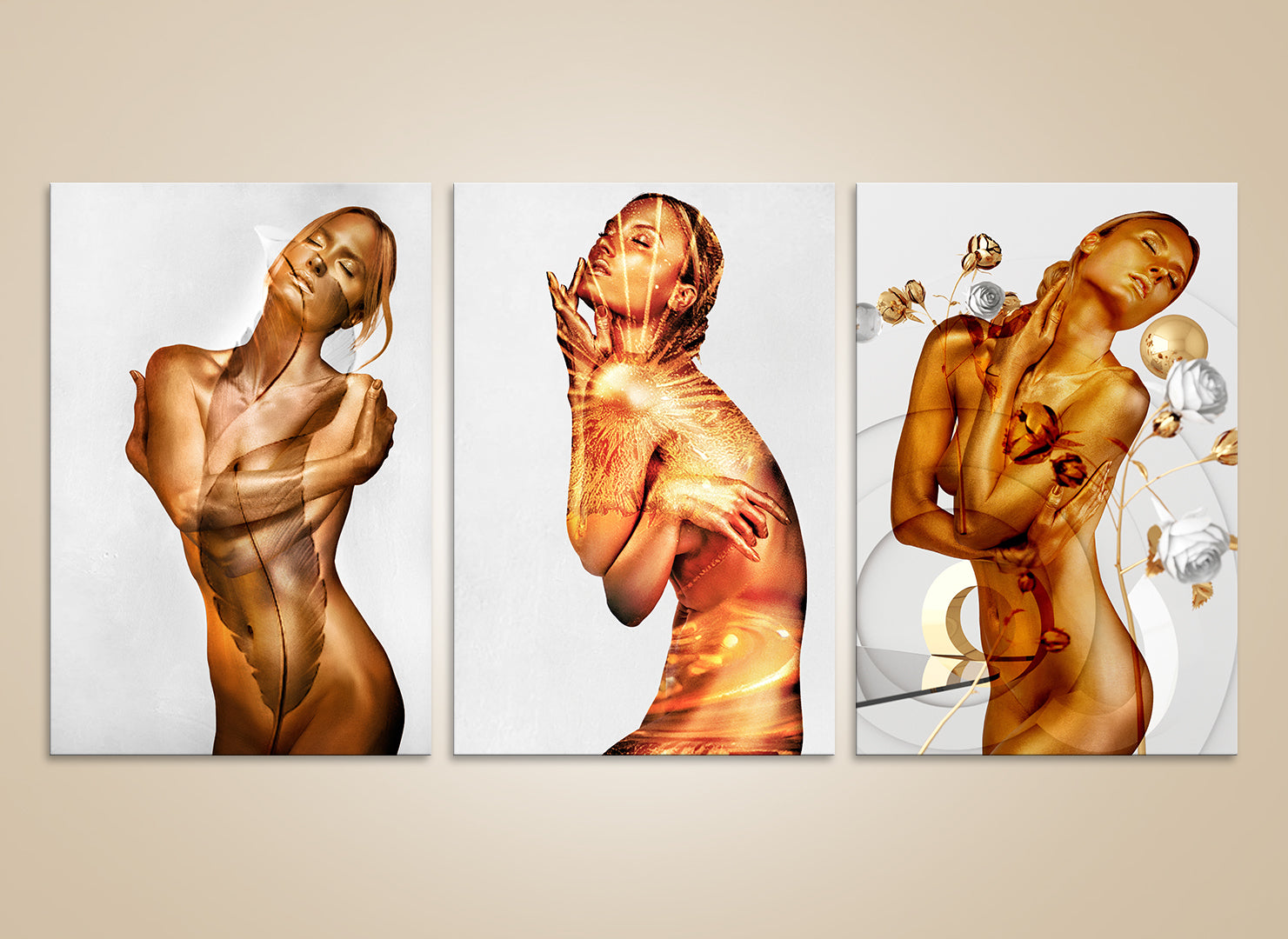 Golden Feminine Triptych – Luxury Fine Art Nude Photography Set (3 Prints)