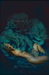Golden surreal artwork with shimmering figure among emerald green roses in dreamy fine art photography.