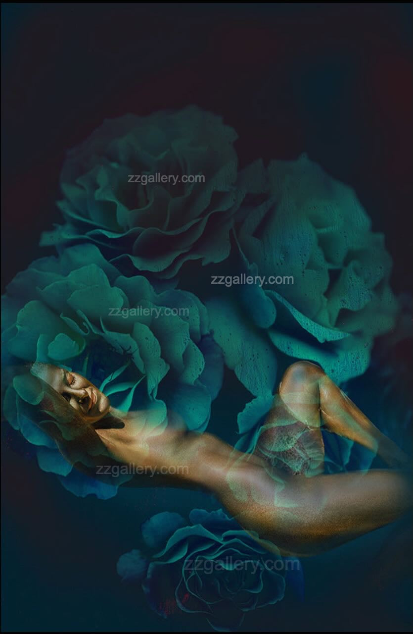 Golden surreal artwork with shimmering figure among emerald green roses in dreamy fine art photography.