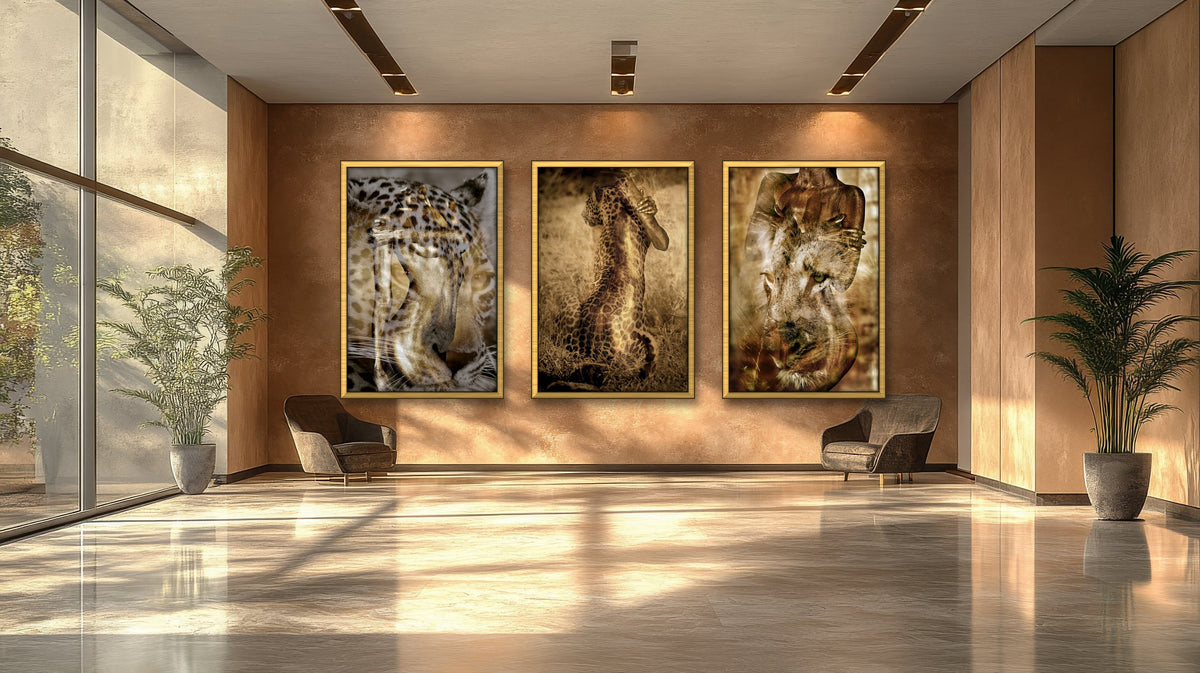 Animal Fusion triptych by Zack Zublena: three leopard and lion art fine art photographs of women painted in gold, in matching gold frames on a warm bronze wall of a luxury lounge with floor-to-ceiling windows.