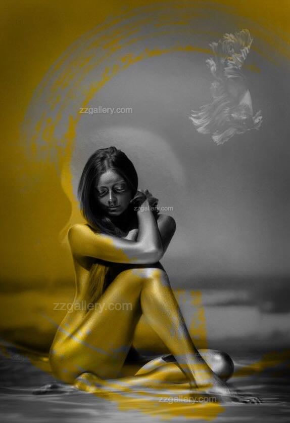 Mother Mary Pop Art in Gold — Annunciation fine art photography by Zack Zublena, featuring a golden-painted Virgin Mary with Archangel Gabriel, sacred spiritual artwork inspired by The Chosen.