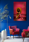 Virgin Mary in Gold fine art photography in pink background, displayed in a luxury modern interior with blue wall and red chairs inspired by tv show The Chosen.