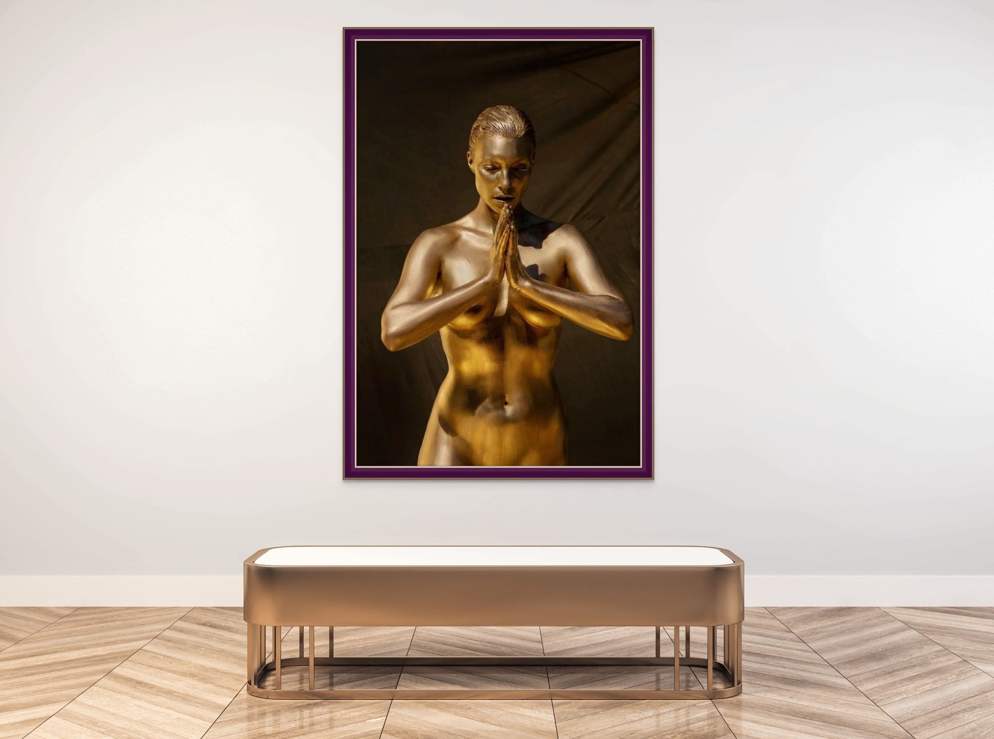 Golden Silence fine art photograph by Zack Zublena displayed as large golden wall art in a modern living room with neutral décor.