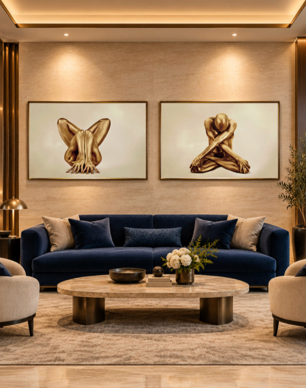 Díptico de oración de yoga dorado – Arte mural de pareja sagrada para espacios de meditación