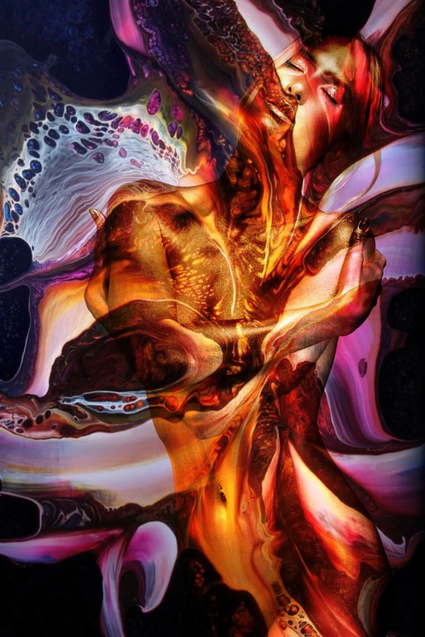 Golden surreal abstract artwork of a female figure painted in shimmering gold, emerging from fiery red and purple waves, symbolizing transformation, energy, and divine power – luxury wall art for interiors.