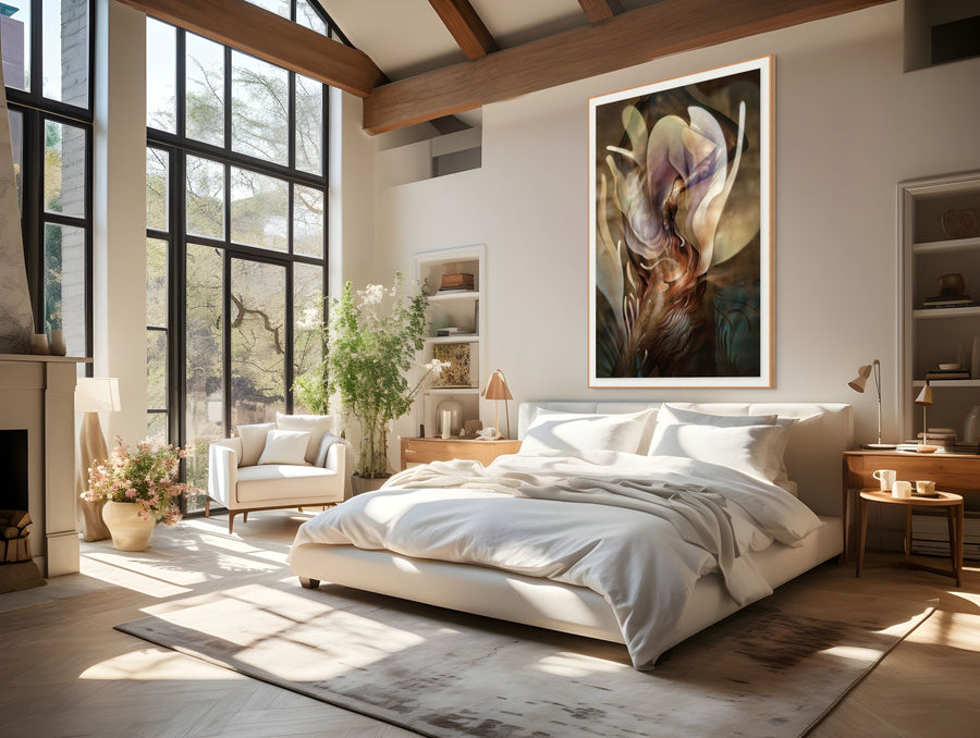 Abstract golden surreal artwork with flowing forms and luminous textures, symbolizing transcendence and inner awakening — contemporary fine art wall decor for luxury interiors.