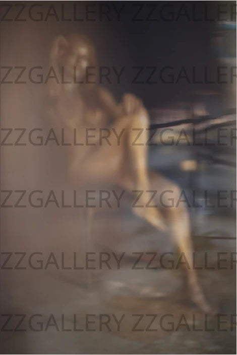 Abstract nude female behind glass, ethereal soft focus fine art photography, luxury spa and meditation room wall art.