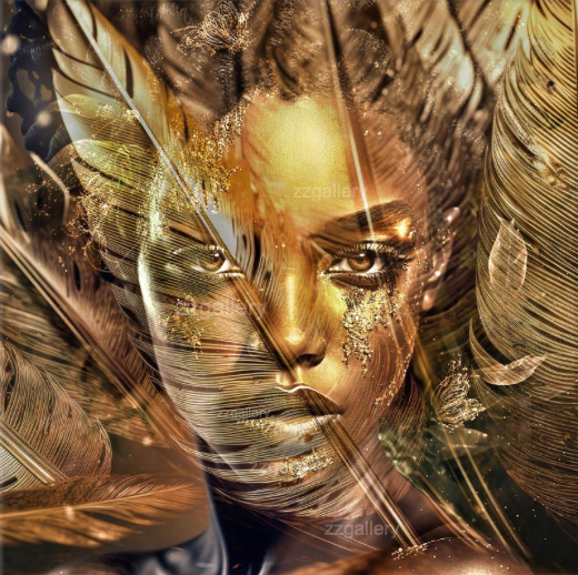 Golden goddess portrait surrounded by feathers, surreal fine art photography with radiant metallic textures and mystical symbolism by ZZGallery.