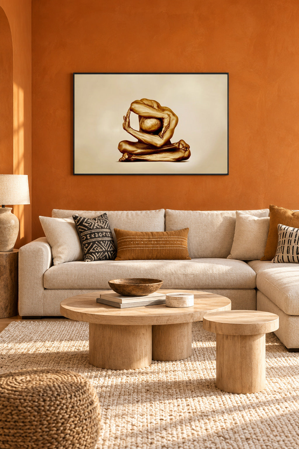 Golden-painted figure in a circular yoga pose, shimmering in gold tones, displayed above a modern sofa with orange accents.