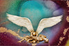 Golden-painted figures embraced beneath angel wings on a cosmic background – fine art photography by Zack Zublena, spiritual wall art for luxury interiors
