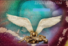Golden-painted figures embraced beneath angel wings on a cosmic background – fine art photography by Zack Zublena, spiritual wall art for luxury interiors