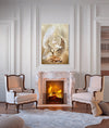 Angelic golden nude couple embraced beneath glowing wings, fine art wall piece above a marble fireplace.