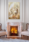 Angelic golden nude couple embraced beneath glowing wings, fine art wall piece above a marble fireplace.