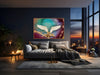 Golden-painted nude figures with angel wings embraced on a cosmic, colorful background — symbolic fine art wall decor for luxury interiors, wellness spaces, and spiritual environments.
