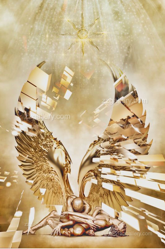 Golden couple in divine embrace beneath radiant angel wings – spiritual fine art wall decor by Zack Zublena