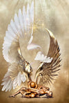 Golden-painted couple entwined beneath divine angel wings with white doves and radiant golden light – spiritual fine art for sacred spaces