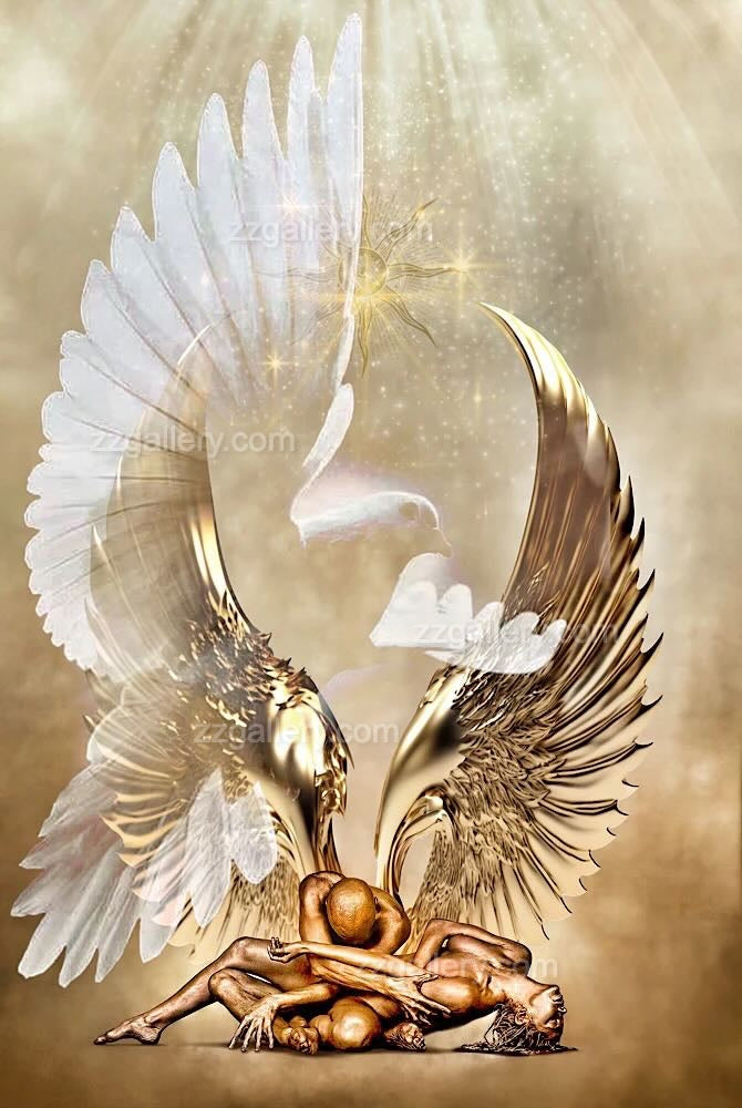Golden-painted couple entwined beneath divine angel wings with white doves and radiant golden light – spiritual fine art for sacred spaces