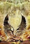 Golden angel wings embrace nude couple in lush Eden setting – sacred love wall art for meditation and wellness spaces