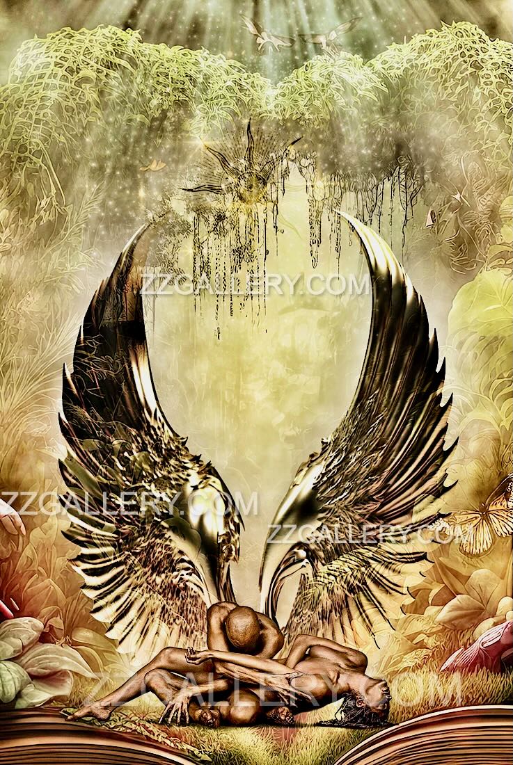Golden angel wings embrace nude couple in lush Eden setting – sacred love wall art for meditation and wellness spaces