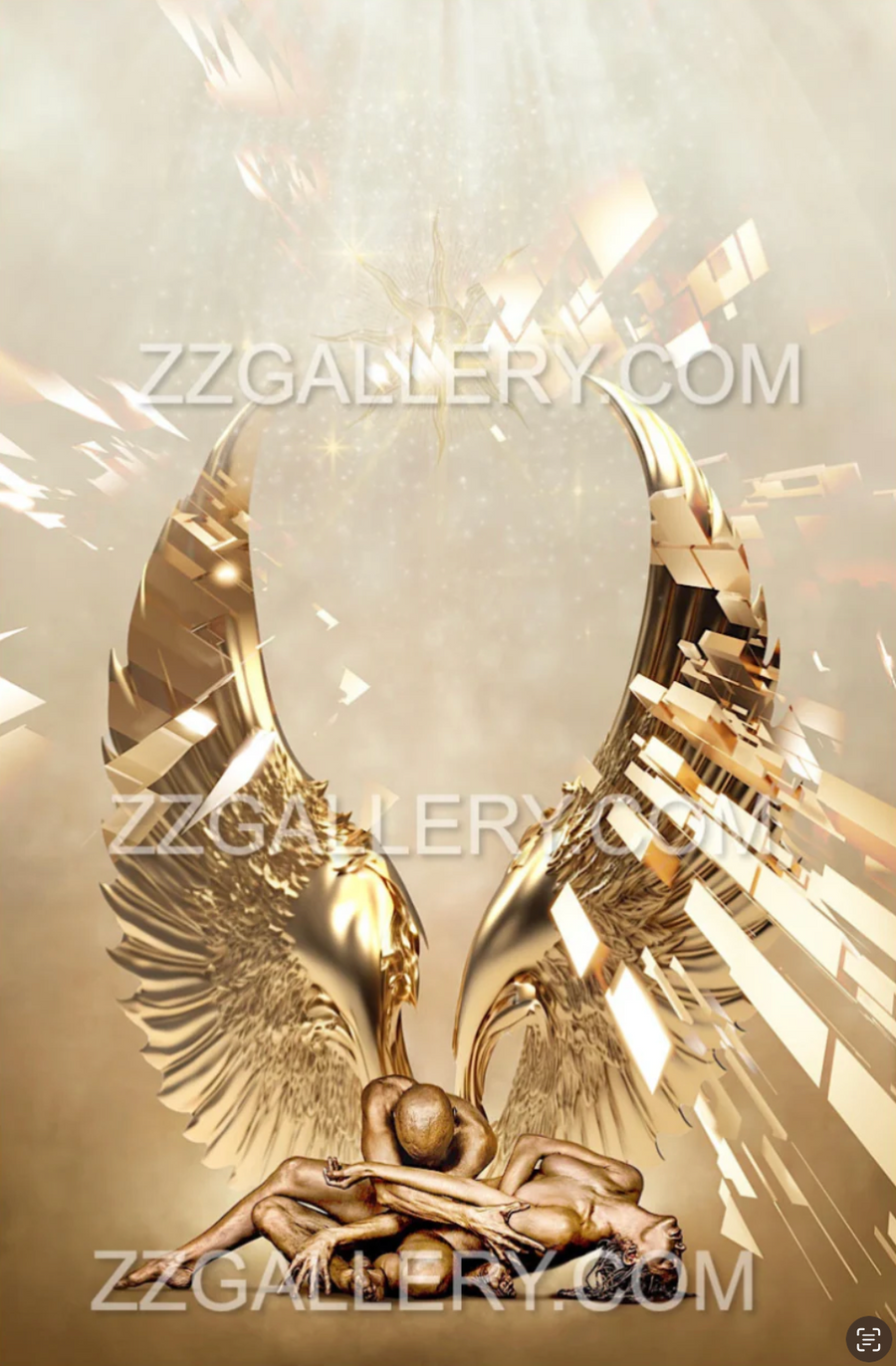 Golden couple in divine embrace beneath radiant angel wings – spiritual fine art wall decor by Zack Zublena