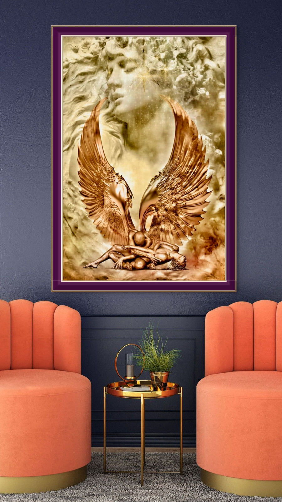 Golden angel wings embracing human figures in a Renaissance-inspired artwork, symbolizing divine love, spirituality, and luxury wall art for modern interiors.
