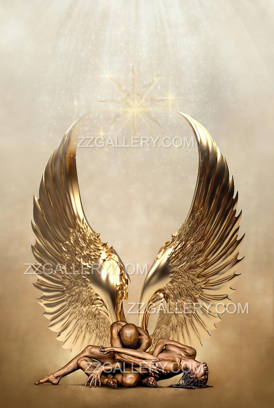 Fine art photograph of golden angel wings embracing two intertwined figures, symbolizing divine love, protection, and spiritual ascension. Perfect wall art for luxury interiors, meditation rooms, or wellness spaces.