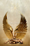 Golden angel wings holding nude couple in sacred embrace under divine light – spiritual fine art for meditation and healing interiors