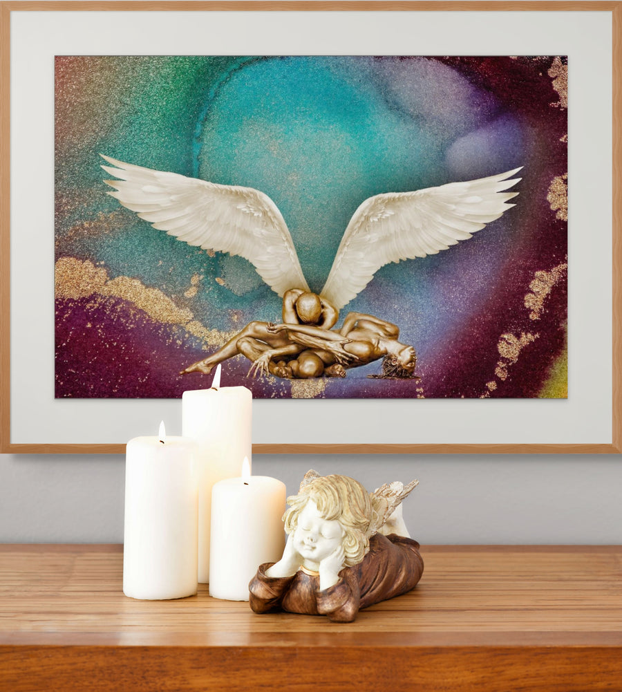 Golden-painted nude figures with angel wings embraced on a cosmic, colorful background — symbolic fine art wall decor for luxury interiors, wellness spaces, and spiritual environments.
