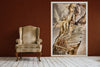Framed golden yoga fine art print “Divine Alignement 2” by Zack Zublena displayed on a modern blue wall with a green armchair and round mirror, blending elegance with spiritual body art.