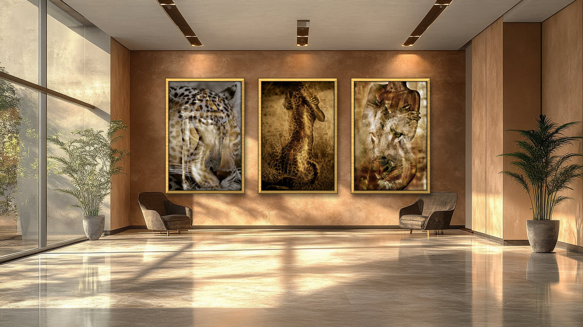Animal Fusion triptych by Zack Zublena: three leopard and lion art fine art photographs of women painted in gold, in matching gold frames on a warm bronze wall of a luxury lounge with floor-to-ceiling windows.