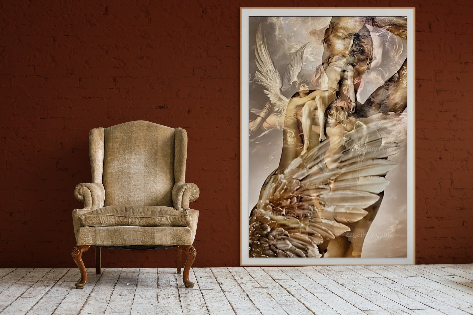 Golden-toned fine art photograph depicting a luminous angelic messenger and feminine figure in a symbolic annunciation scene, blending wings, light, and sculptural silhouettes for elegant wall decor.