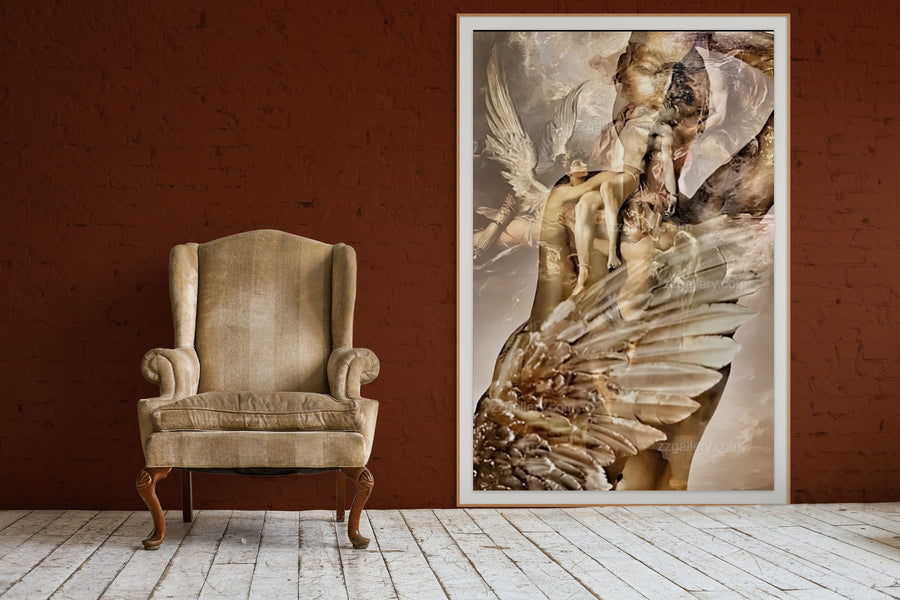 Golden-toned fine art photograph depicting a luminous angelic messenger and feminine figure in a symbolic annunciation scene, blending wings, light, and sculptural silhouettes for elegant wall decor.