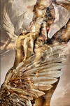Archangel Michael golden fine art photography, Catholic angel wall art, divine protector artwork by Zack Zublena