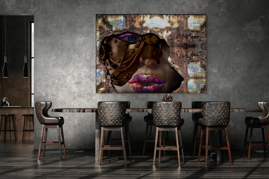 Basorexia artwork by Zack Zublena – surreal fine art portrait with golden mask, shimmering lips, and textured background symbolizing the urge to kiss.