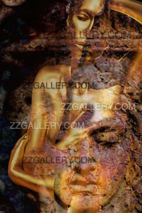 Buddha Dream golden fine art wall photograph by Zack Zublena, blending a serene Buddha face with a gold-painted feminine figure, symbolizing meditation, enlightenment, and spiritual harmony.