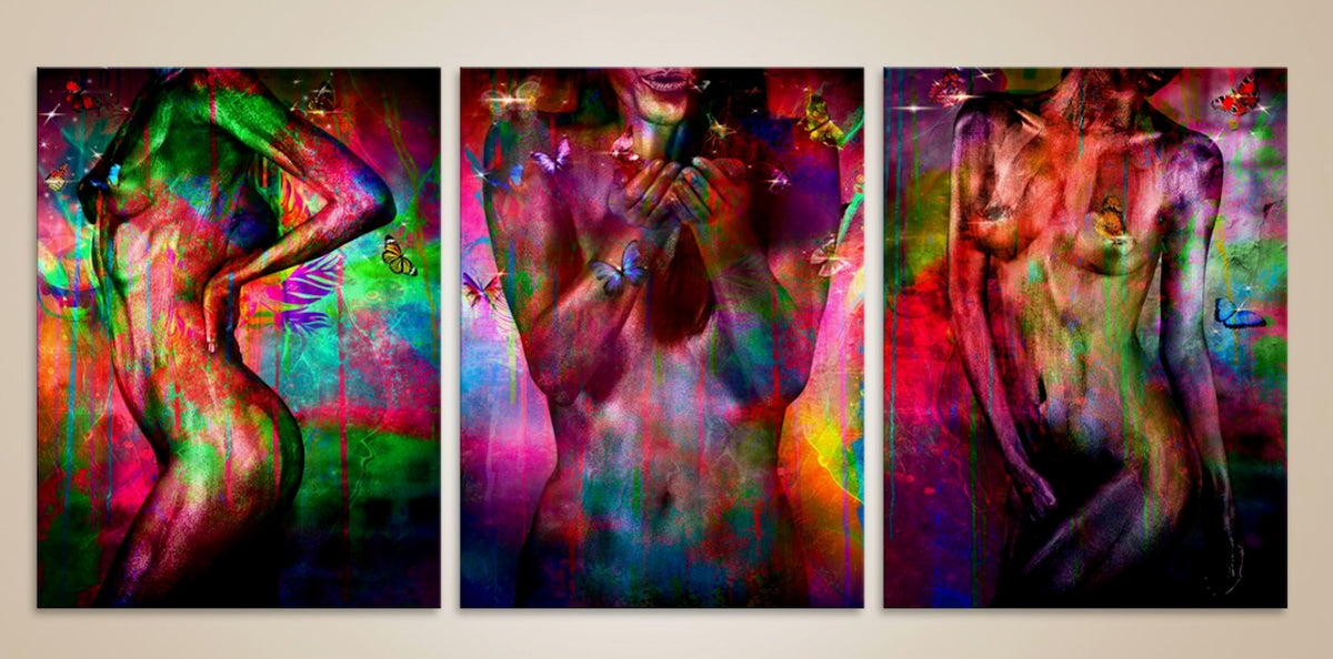 Butterfly-themed luxury triptych in vibrant colors on fine art paper – designed for high-end hotels, spas, and collector interiors.