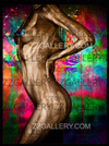Golden-painted female silhouette with butterflies and vibrant colorful background by Zack Zublena