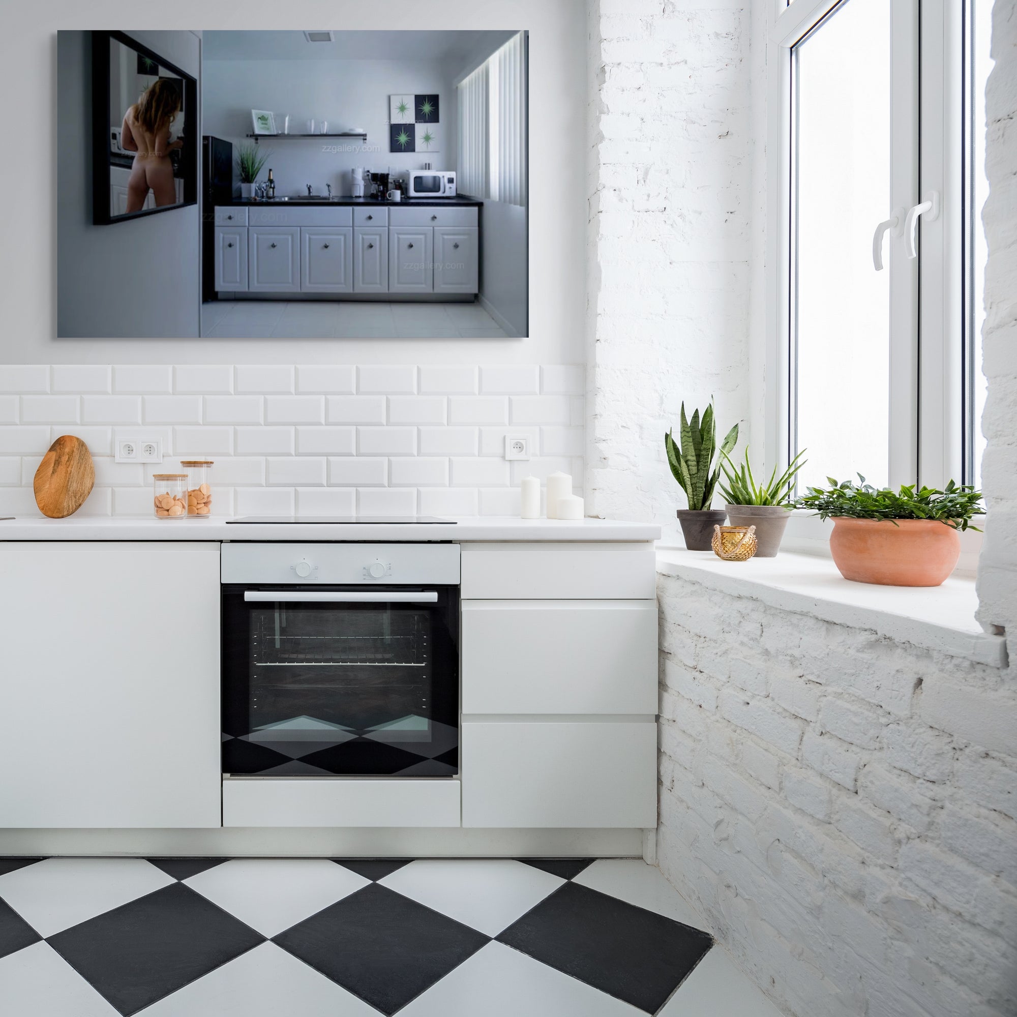 Contemporary fine art photograph titled Coffee in Palm Springs, featuring a minimalist mid-century style kitchen interior with a surreal reflection artwork on the wall.