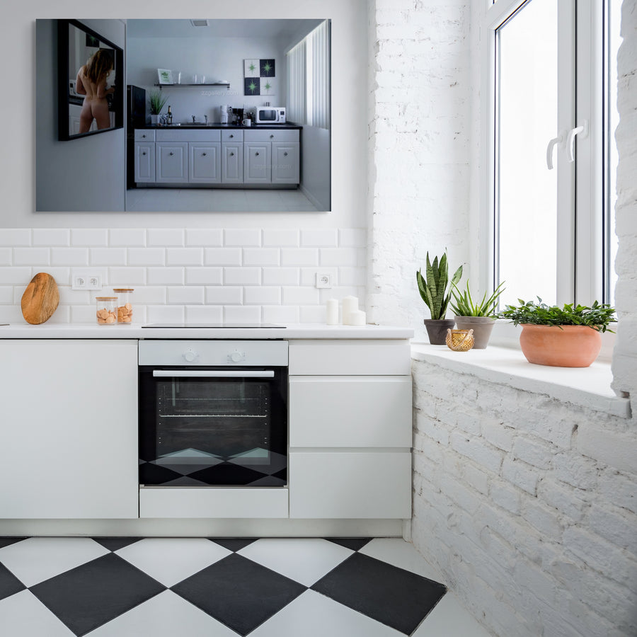 Contemporary fine art photograph titled Coffee in Palm Springs, featuring a minimalist mid-century style kitchen interior with a surreal reflection artwork on the wall.