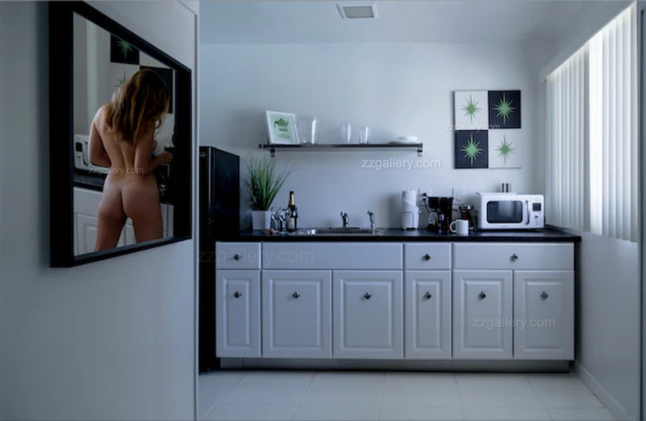 Coffee in Palm Springs rare fine art photograph featuring a reflection of a woman making coffee in a Palm Springs style kitchen. Minimalist lifestyle art print with mid-century inspiration.