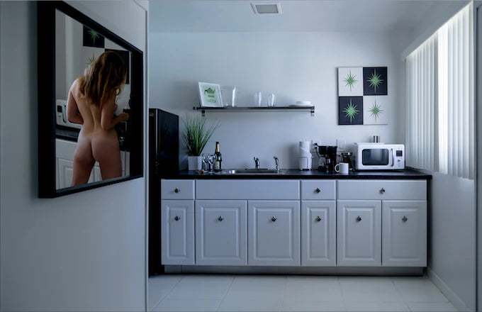 Coffee in Palm Springs rare nude fine art photography, woman reflected in mirror making coffee, minimalist Palm Springs lifestyle art print