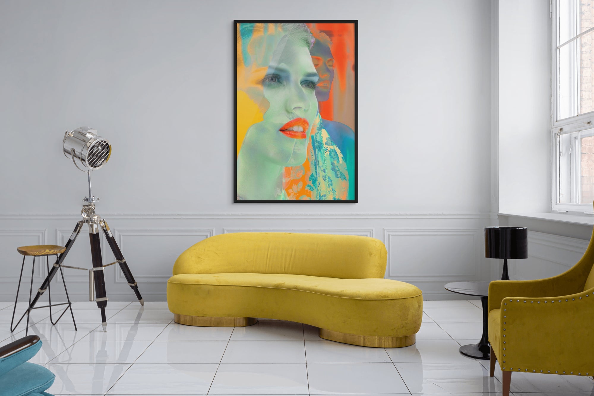 Vibrant abstract female portrait in bold pop art colors, fine art photography wall decor by Zack Zublena, perfect for luxury interiors and modern spaces.