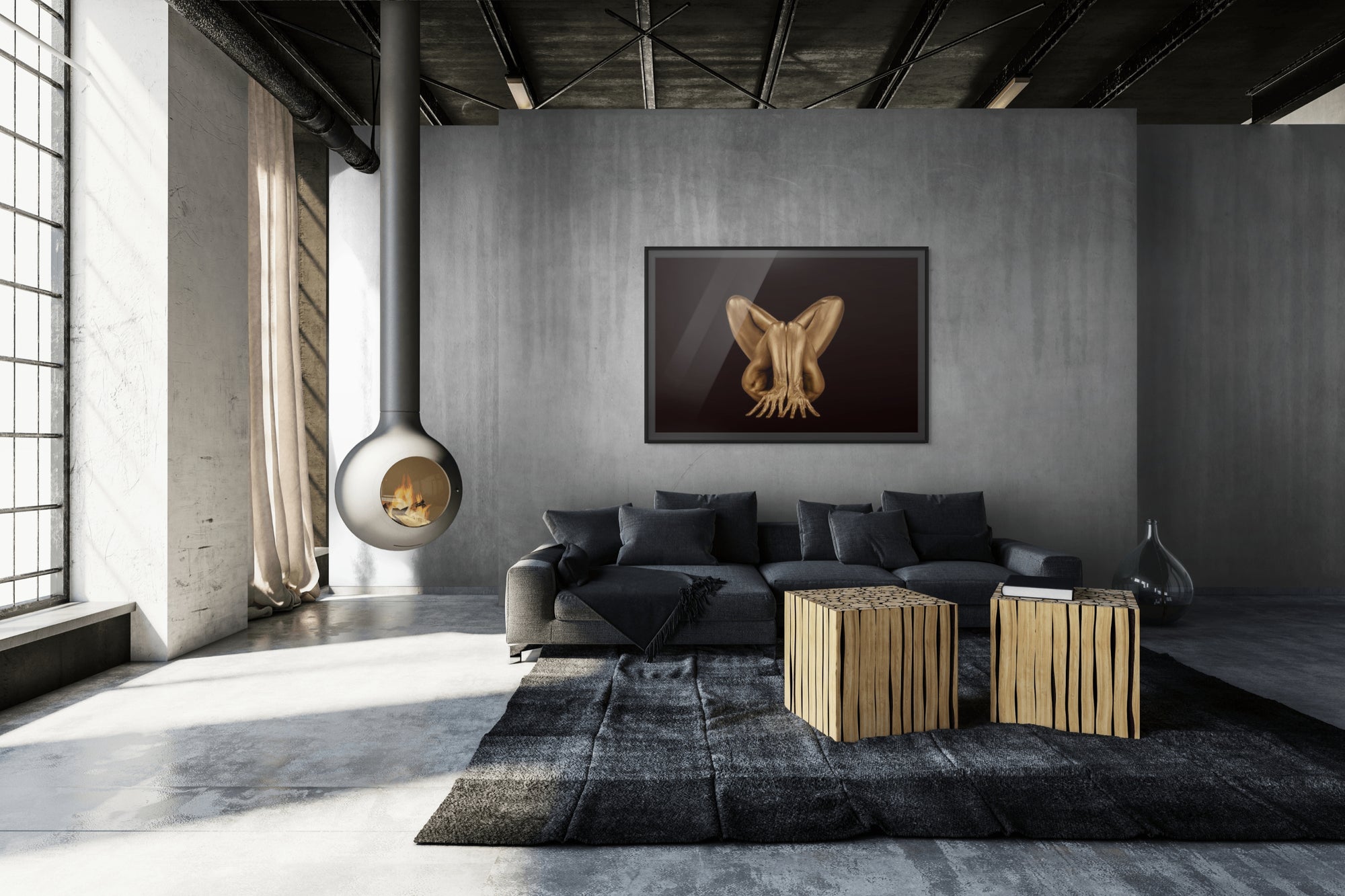 Contemporary golden nude fine art photography in a dramatic pose, displayed in a sleek industrial living room with concrete walls, hanging fireplace, and modern minimalist furniture. Edgy statement wall art for collectors and luxury interiors.