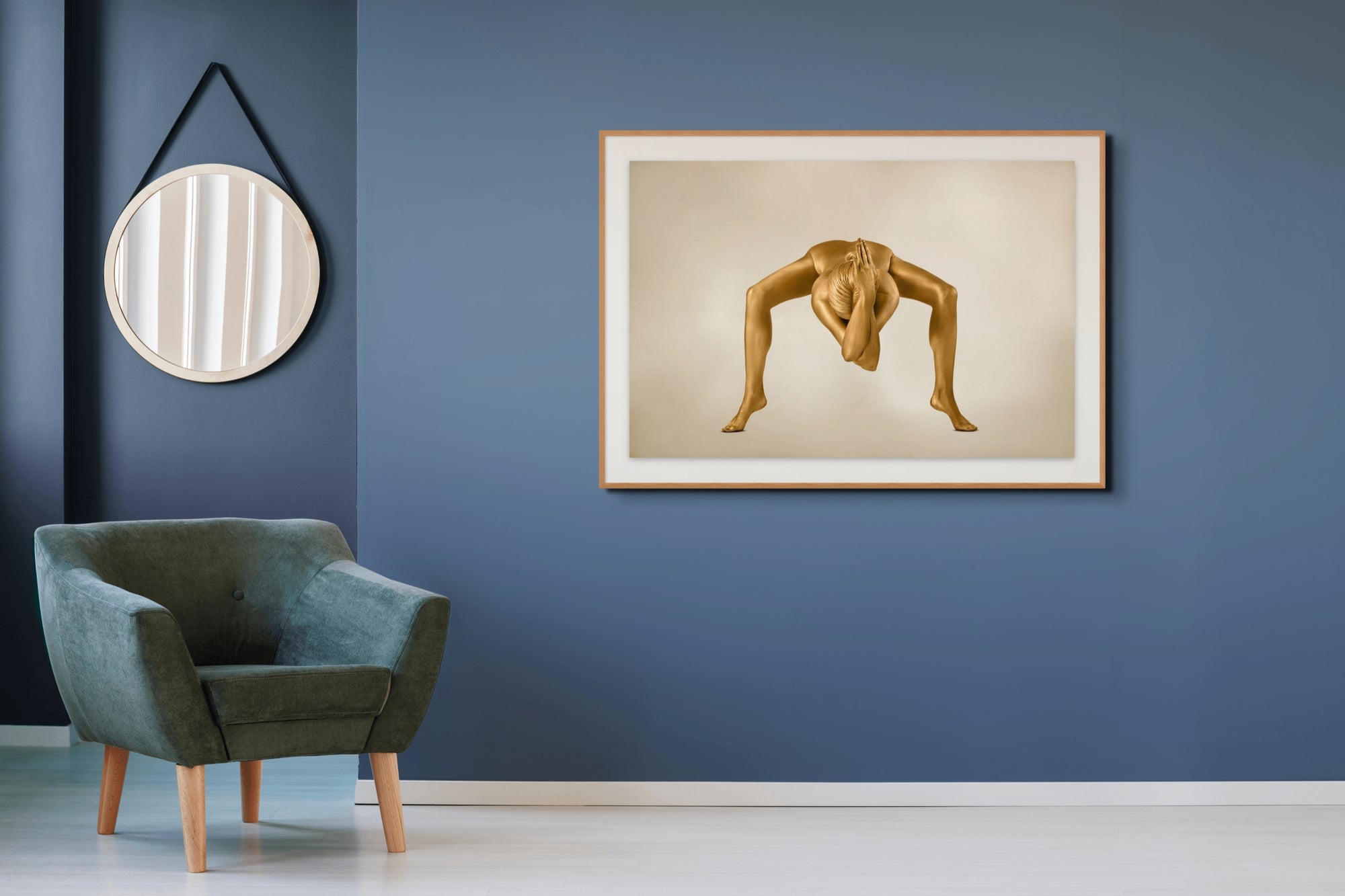 Framed golden yoga fine art print ‘Divine Alignement 2’ by Zack Zublena, displayed on a modern wall with decor elements, blending elegance with spiritual body art