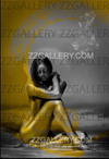 Golden-painted woman sitting in serene reflection, blending divine femininity and sacred light on a minimalist background.