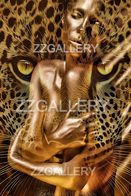 Golden nude woman merged with jaguar features, evoking feline power, wild feminine energy, and sacred jungle mysticism.