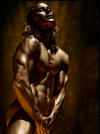 Nude male body painted in gold, eyes closed and head tilted upward in golden spiritual light