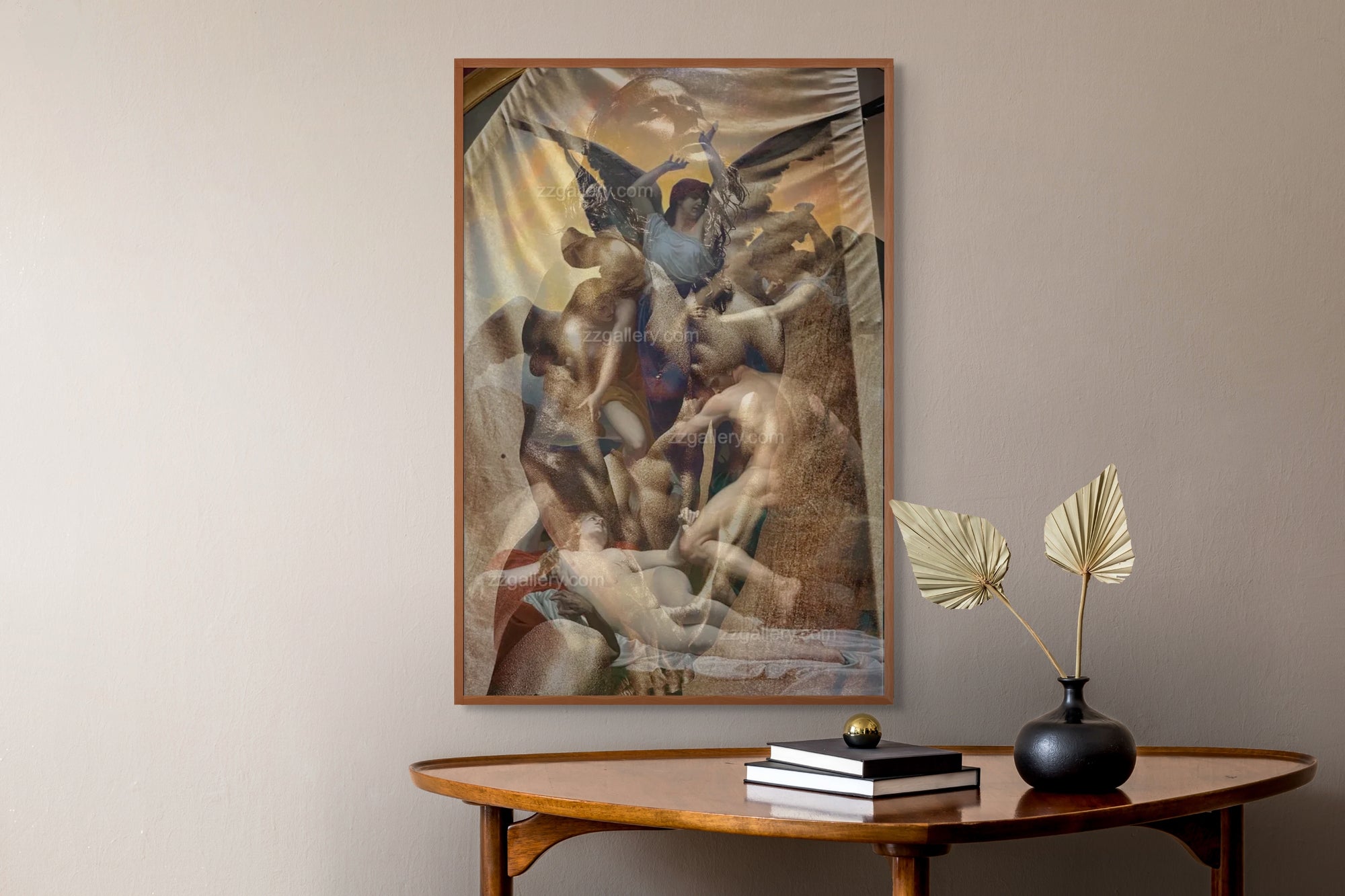 Fine art photography depicting a dramatic composition with mythical inspiration and angelic presence, styled in an elegant interior setting with a wooden table, books, and golden leaves in a vase.