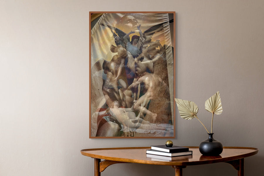 Fine art photography depicting a dramatic composition with mythical inspiration and angelic presence, styled in an elegant interior setting with a wooden table, books, and golden leaves in a vase.